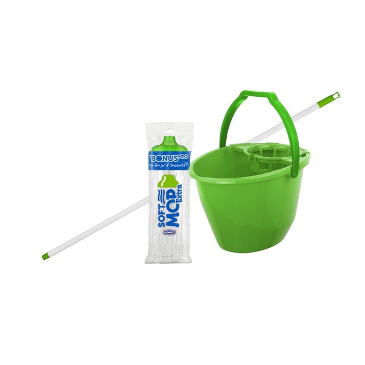 Set galeată cu stoarcător și mop, Bonus Kft., 11 litri, verde, microfibra moale