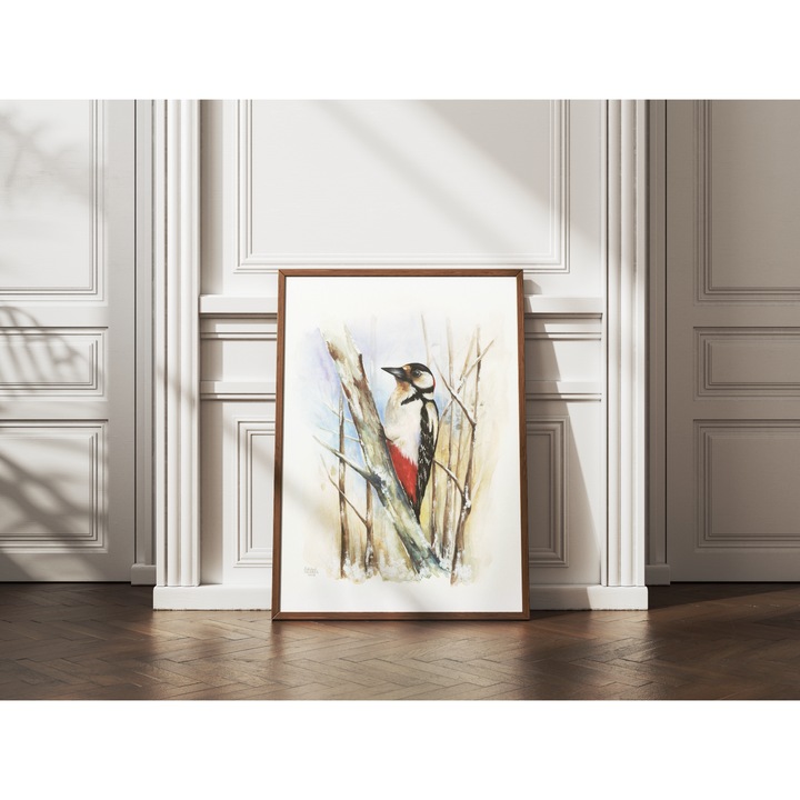 Tablou original, pictat manual, inramat Ciocanitoare