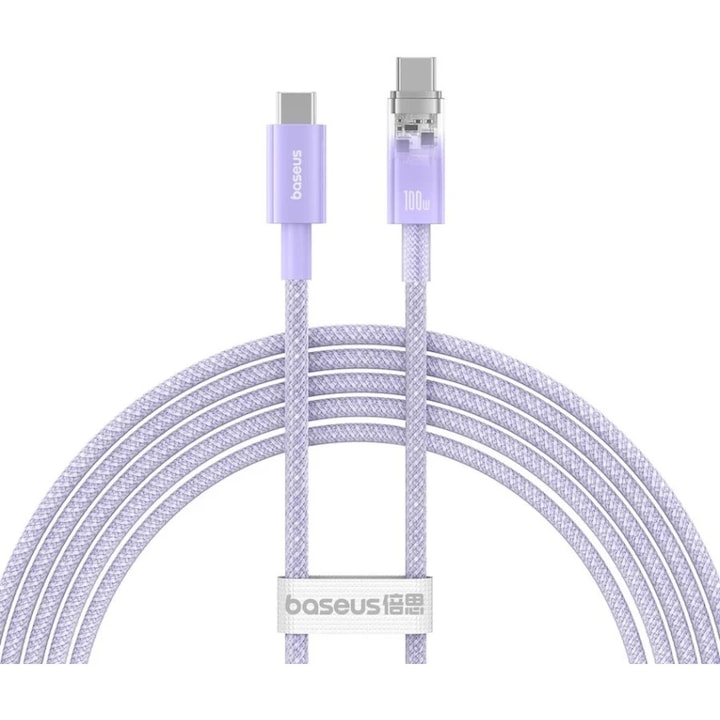 Cablu alimentare si date Baseus, Explorer Smart Temperature Control, Fast Charging, USB Type-C(T) la USB Type-C(T), 100W, braided, 2m, violet