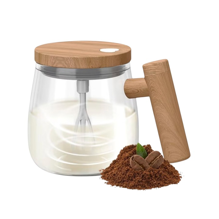 Cana cu amestecare automata, reincarcabila, capac si maner din lemn