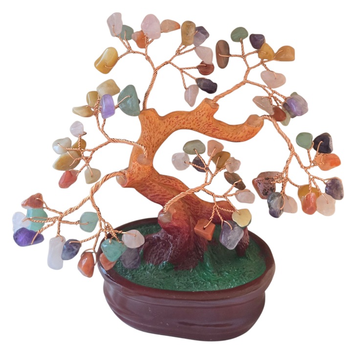 Statueta copac al vietii 16 cm inaltime, decoratiune forma de pom Feng Shui cu pietre naturale, handmade, pe suport din rasina, pentru prosperitate, noroc si echilibru energetic