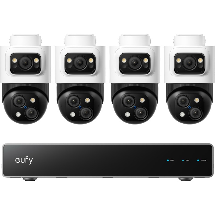 Комплект за видеонаблюдение eufy PoE NVR S4 Max, 4K резолюция, AI, IP65, с 4 PTZ Bullet камери с 3 обектива