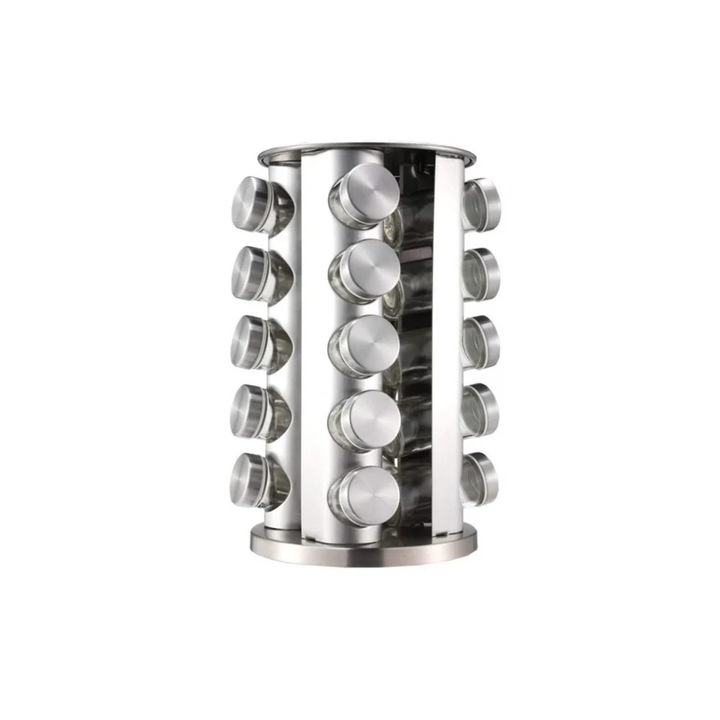 Set 20 Recipiente pentru Condimente, cu Suport Inox Rotativ, Argintiu