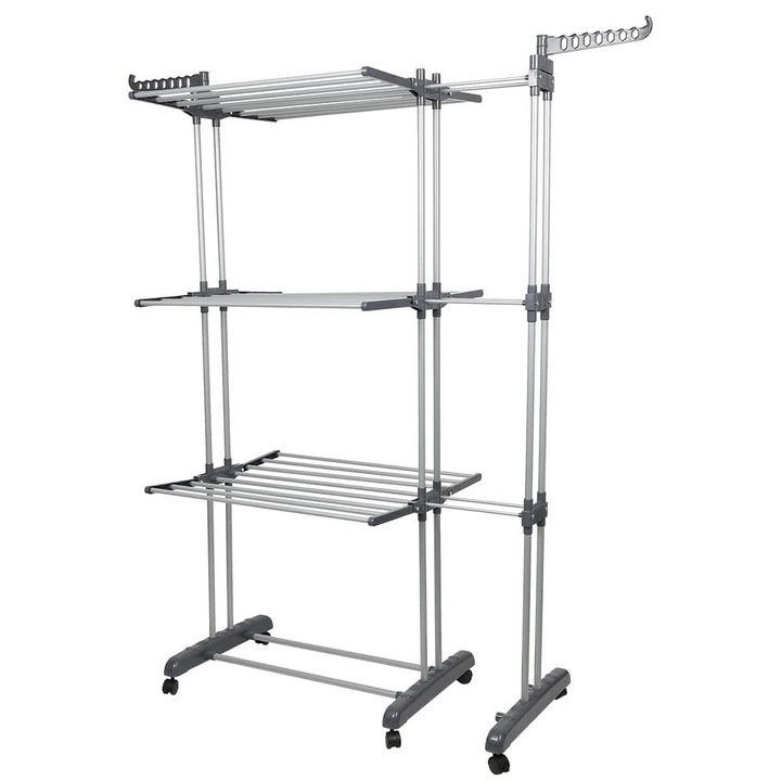 Uscator rufe vertical, 3 niveluri, mobil, gri, 75-142,5x170cm
