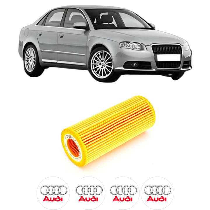 Filtru ulei AUDI A4 B7 (8EC) 3.2 FSI quattro din 2005-2008 KW 188 CP 255 CMC 3123, auto, Bosch, 4x Stickere auto cu AUDI