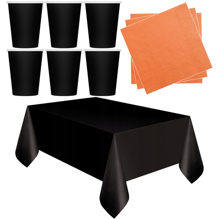 Set petrecere Halloween, PartyPro, 6 cuburi 250ml, 20 servetele, 137x183cm, negru-portocaliu