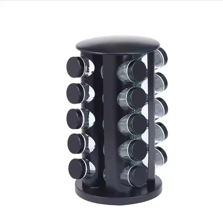 Set 20 Recipiente pentru Condimente, cu Suport Inox Rotativ, Negru