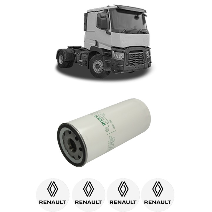 Filtru ulei RENAULT TRUCKS C 380P din 2013 KW 279 CP 379 CMC 10837, auto, Bosch, 4x Stickere auto cu RENAULT TRUCKS