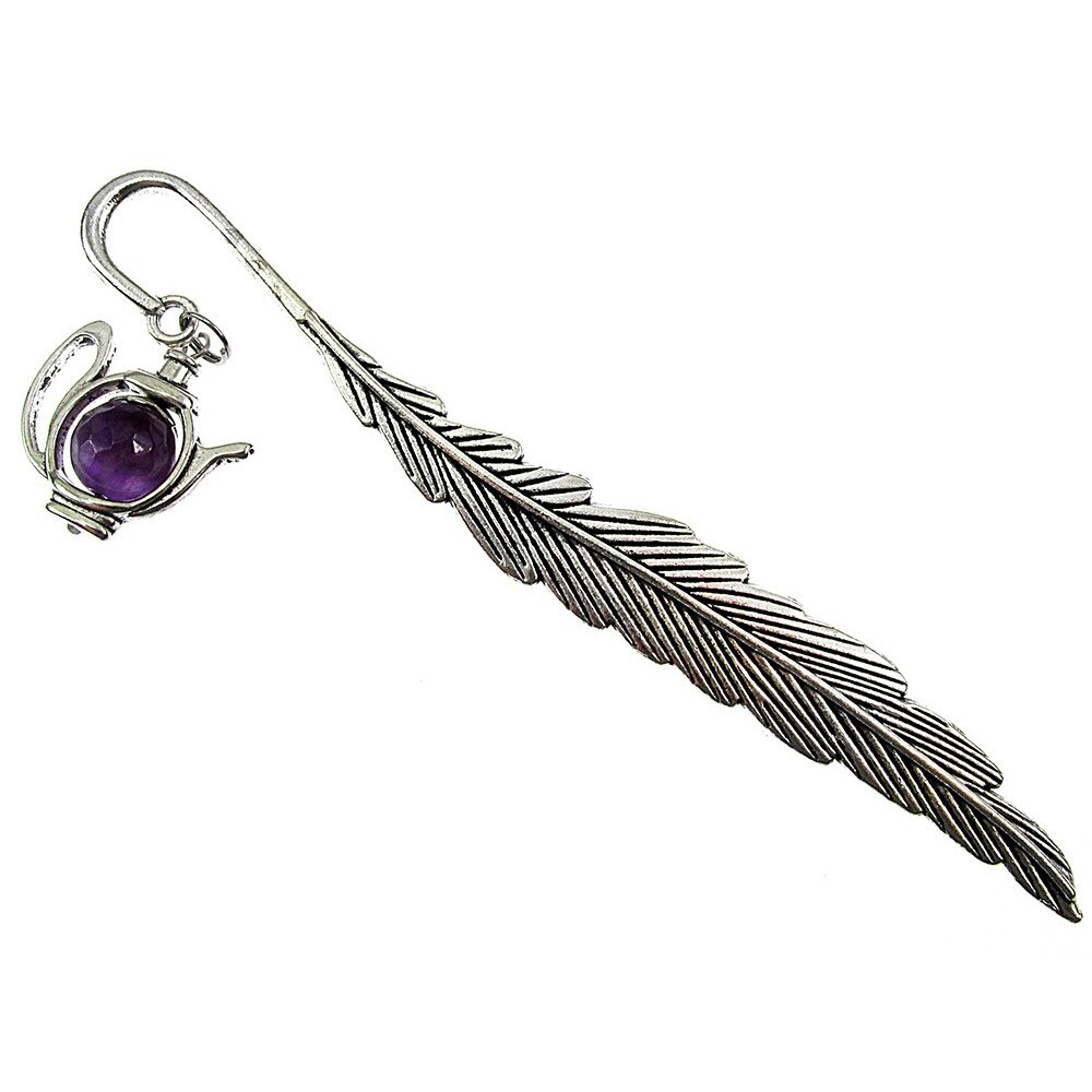 Semn de carte metalic pana cu ceainic ametist fatetat, GlamBazaar, 11.5 cm x 1.4 cm, cu Ametist, Mov, tip semn de carte metalic