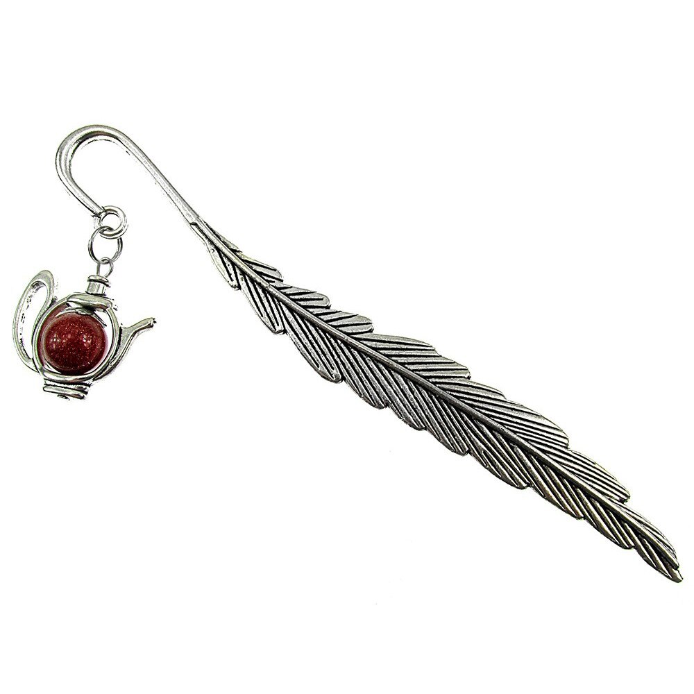 Semn de carte pana cu ceainic Piatra Soarelui, GlamBazaar, 11.5 cm x 1.4 cm, cu Piatra Soarelui, Maro, tip semn de carte metalic