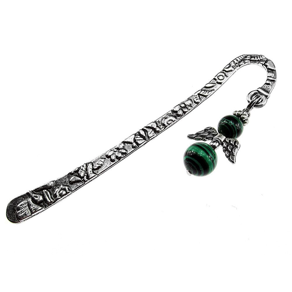 Semn de carte ingeras malachit, GlamBazaar, 8 cm x 18 mm, cu Malachit, Verde, tip semn de carte metalic