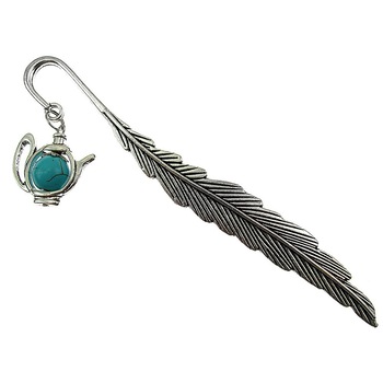 Semn de carte metalic pana cu ceainic turcoaz, GlamBazaar, 11.5 cm x 1.4 cm, cu Turcoaze, Turcoaz, tip semn de carte metalic Semn de carte metalic pana cu ceainic turcoaz, GlamBazaar, 11.5 cm x 1.4 cm, cu Turcoaze, Turcoaz, tip semn de carte metalic