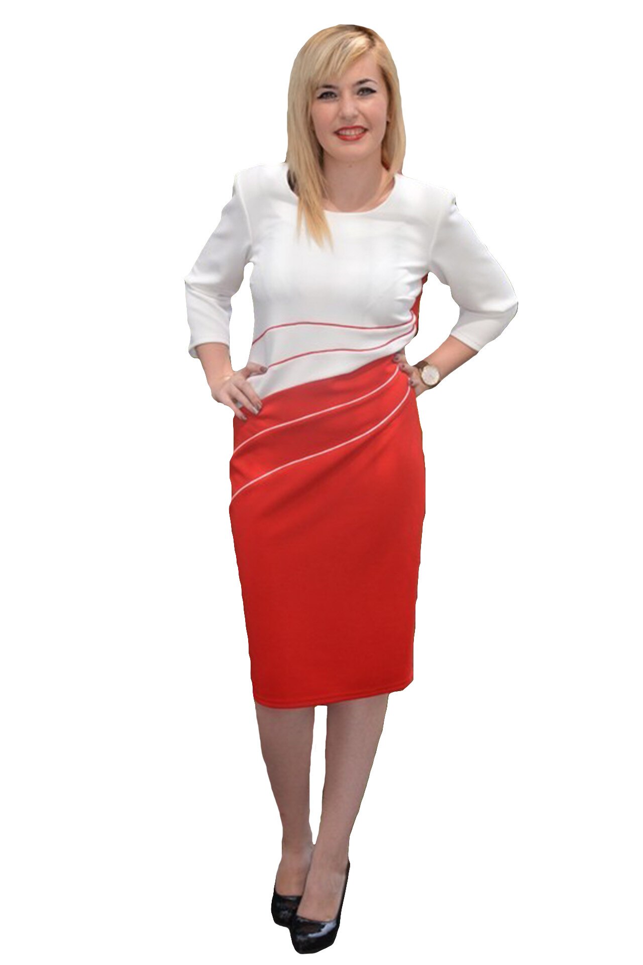 Rochie office cu design de dungi ,masura mare,D&J Exclusive, Rosu/Alb