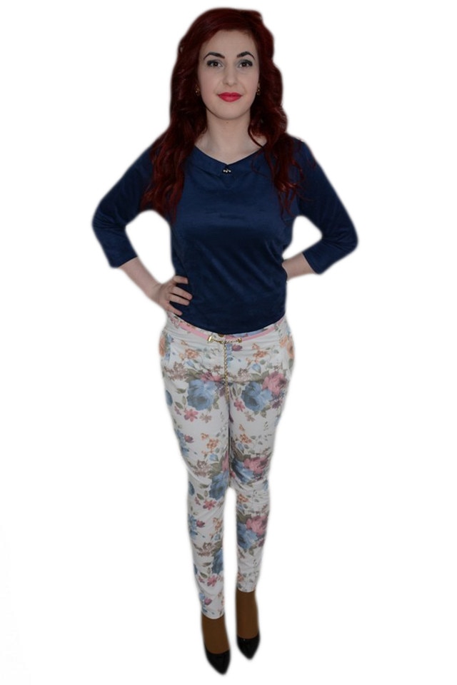 Pantaloni la moda, imprimeu floral , D&J Exclusive, Alb