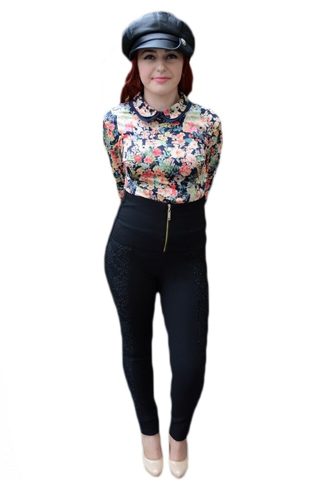 Pantaloni cu talie inalta, D&J Exclusive, Negru