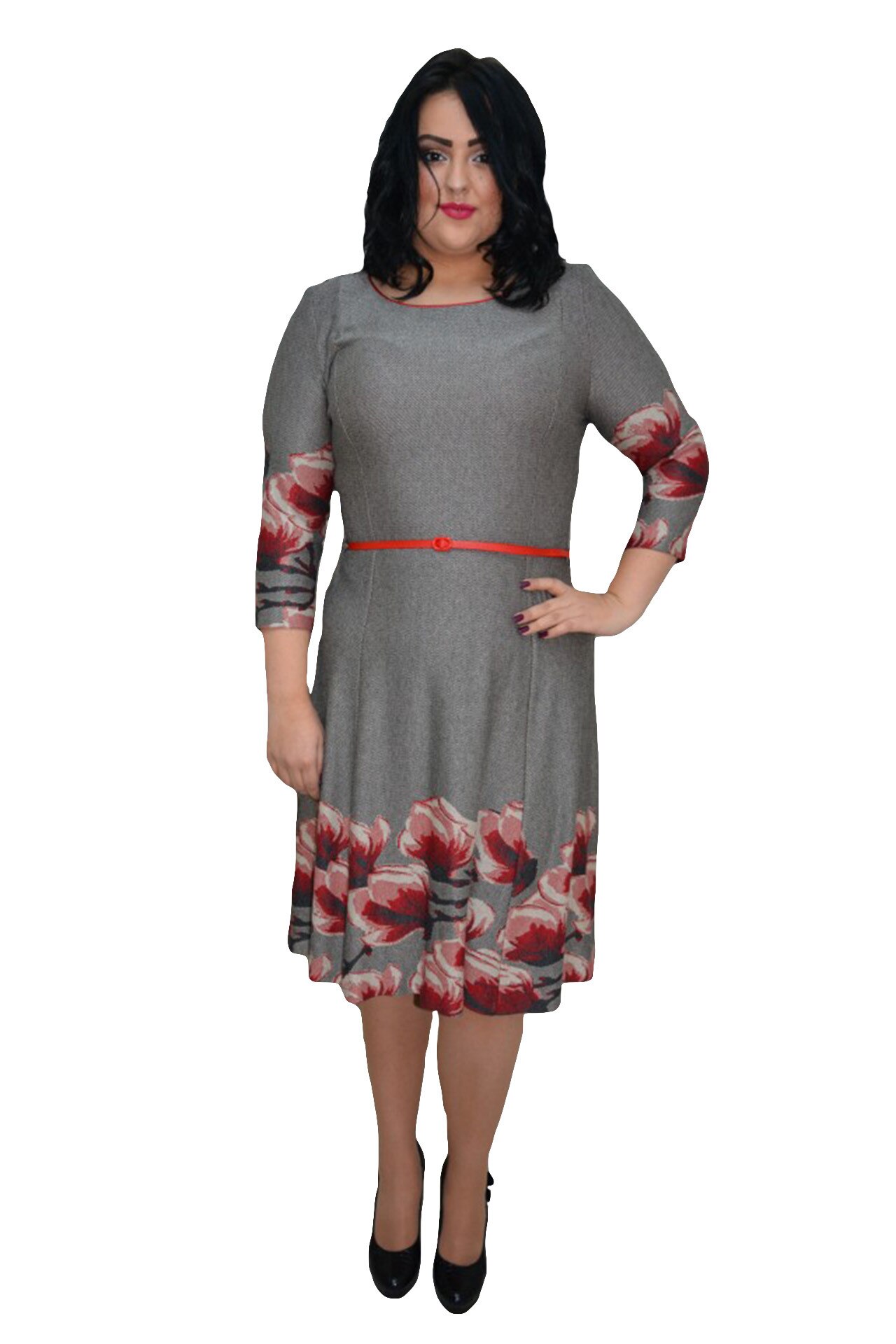 Rochie cu maneca trei-sferturi cu imprimeu,masura mare,D&J Exclusive, Bej