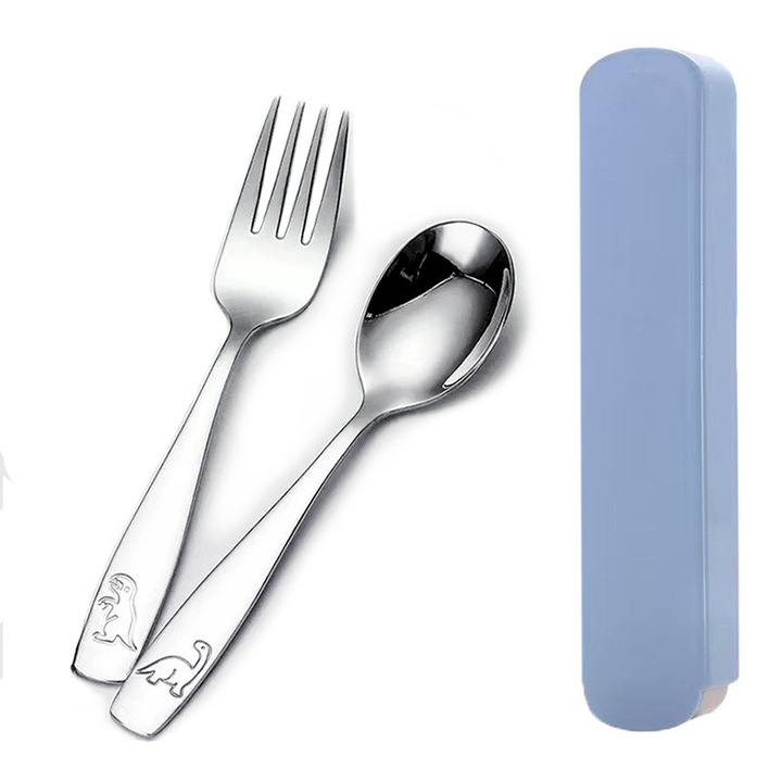 Set tacamuri pentru copii, furculita si lingurita, inox, model animal, argintiu, 14x3.2cm