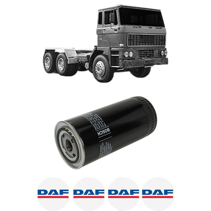 Filtru ulei DAF F 2800 FTS 2803 DKS din 1986-1991 KW 228 CP 310 CMC 11627, auto, Bosch, 4x Stickere auto cu DAF