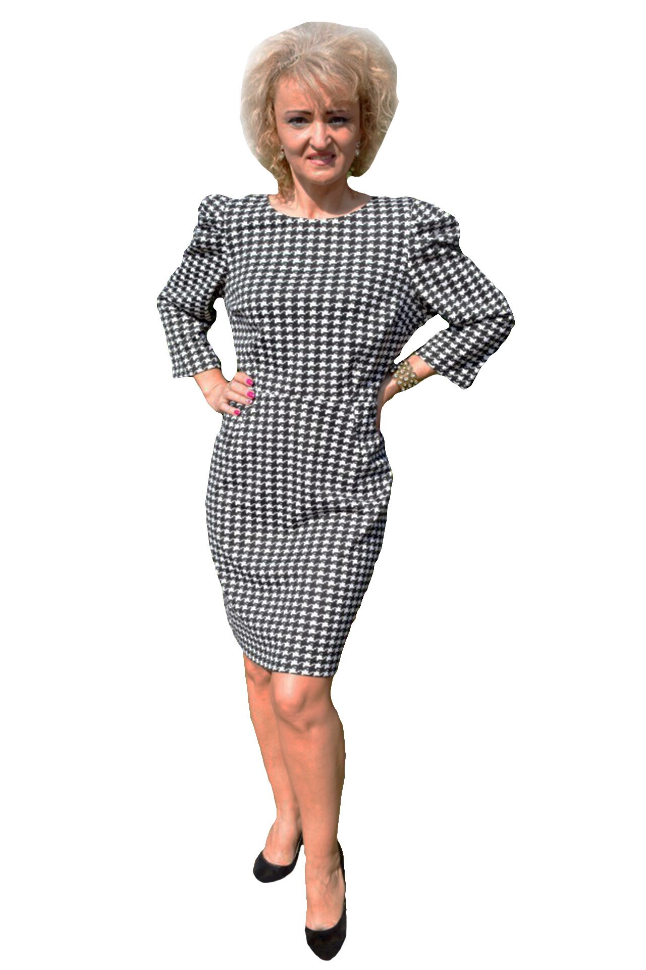 Rochie cambrata,model pepit,masura mare,D&J Exclusive, Negru/Alb