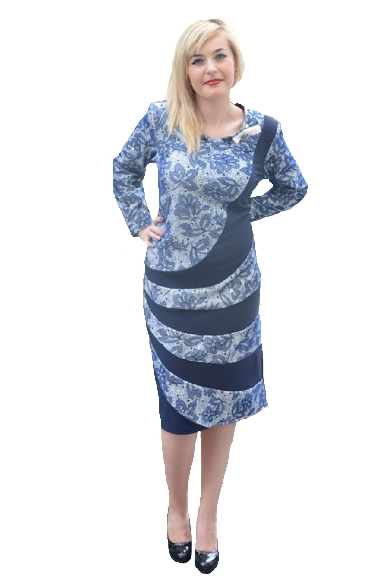 Rochie cu imprimeu, aspect catifelat usor in relief,masura mare,D&J Exclusive,, Albastru, 46