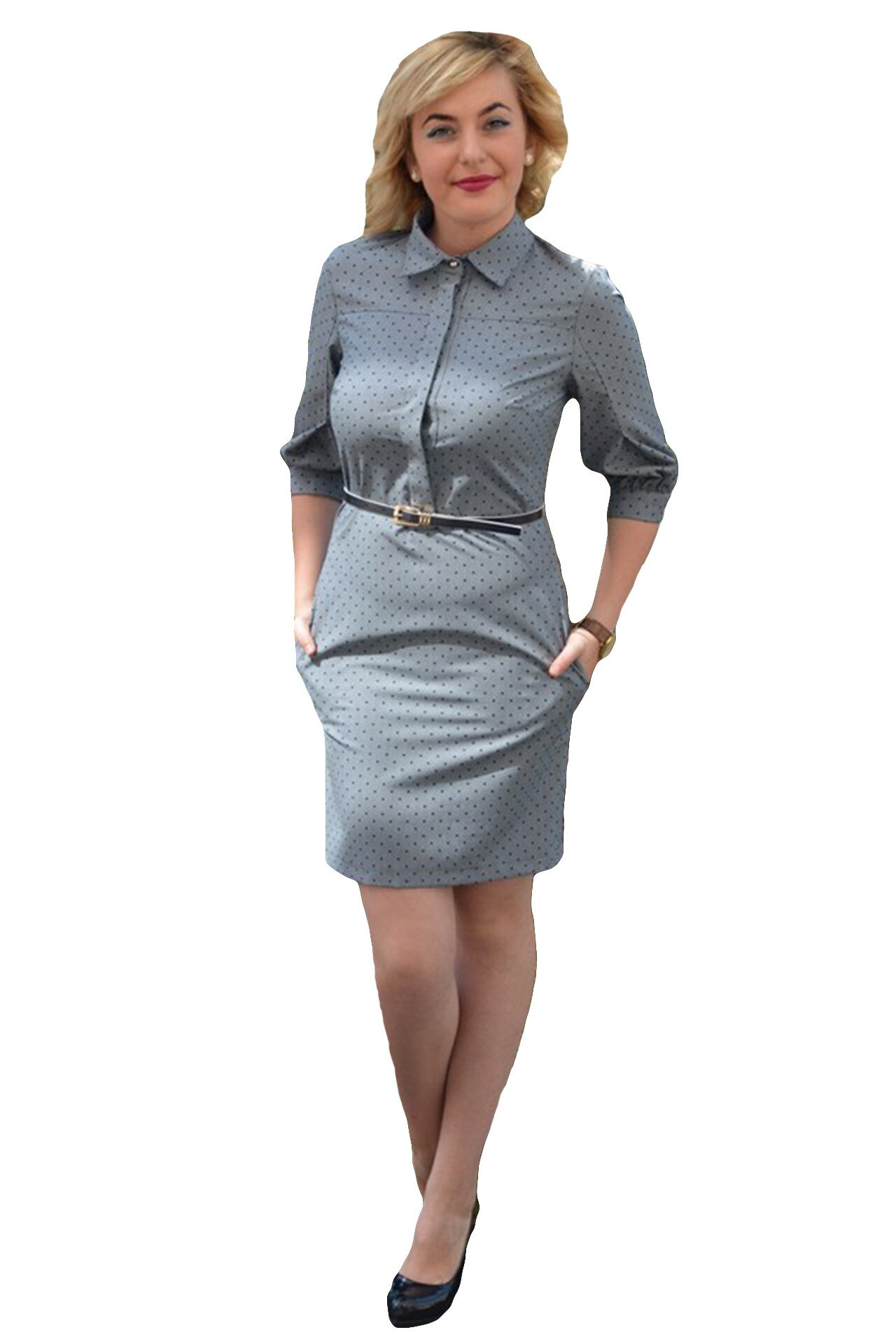 Rochie office cu maneca trei-sferturi si nasturi,D&J Exclusive,, Gri