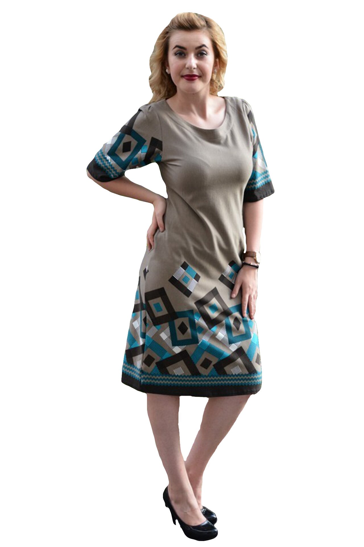 Rochie de toamna-iarna imprimeu geometric,masura mare,D&J Exclusive, Maro