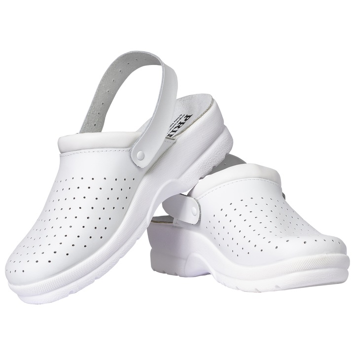 Saboti medicali din piele, cu bareta, Albi