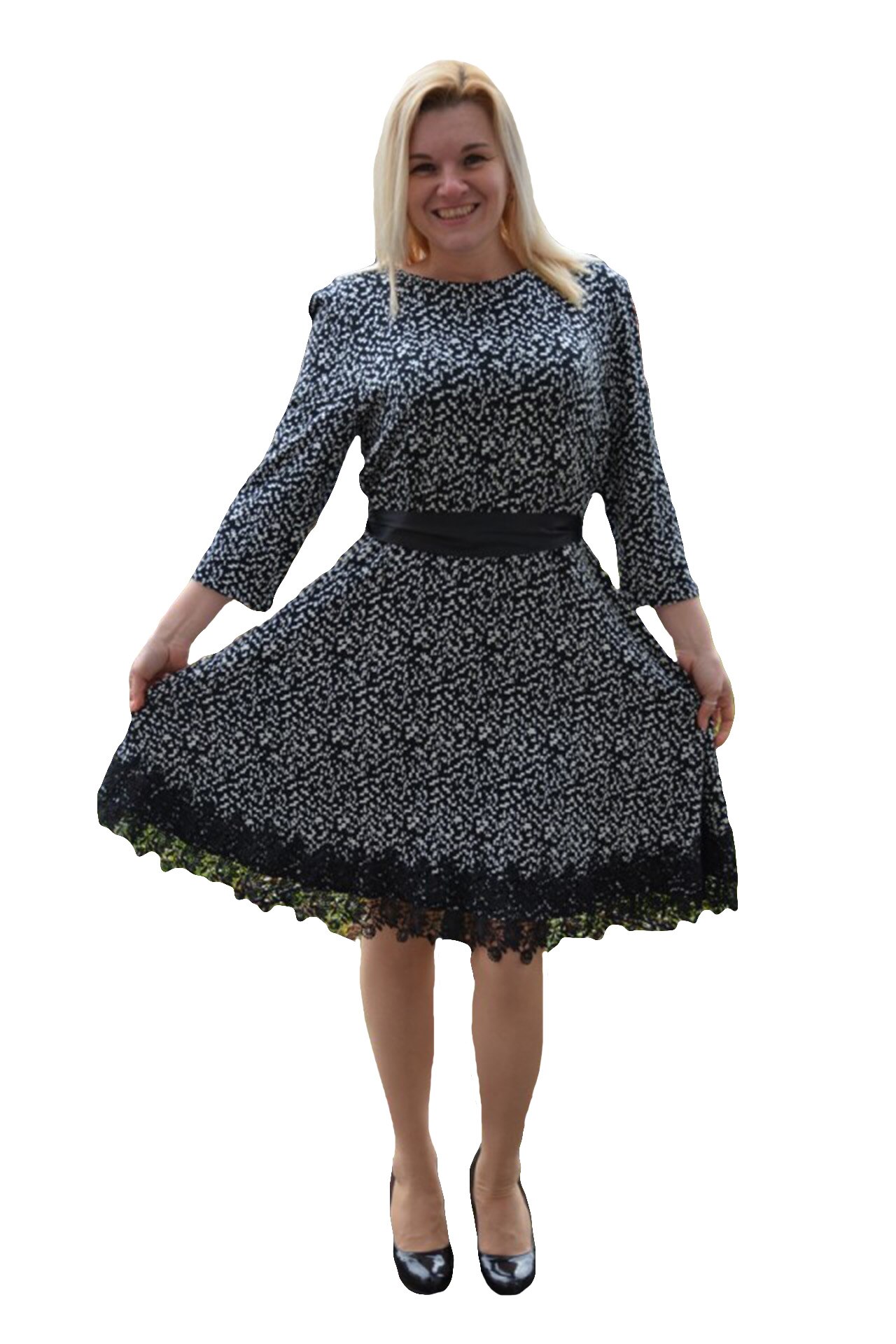 Rochie casual-elegant cu insertie de dantela lata,masura mare,D&J Exclusive, Alb/Negru