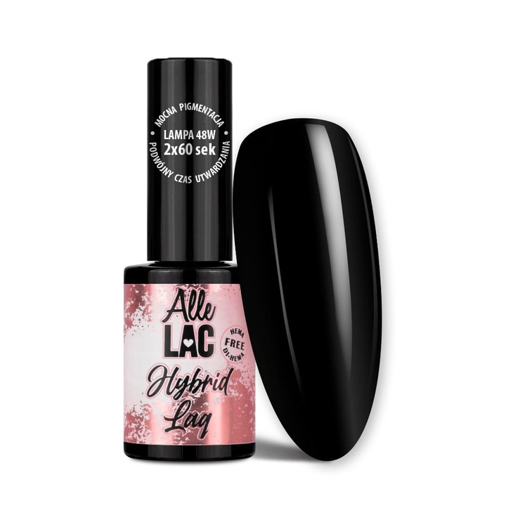 Oja hibrida AlleLac Extra Black 6g, pigmentatie ridicata, pentru manichiura si nail art