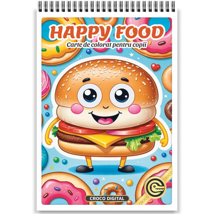 Carte de colorat pentru copii, Happy Food, Format A5 cu Spirala, 20 Ilustratii Unice cu Mancare Vesela, 46 pagini, 2025 - Croco Digital
