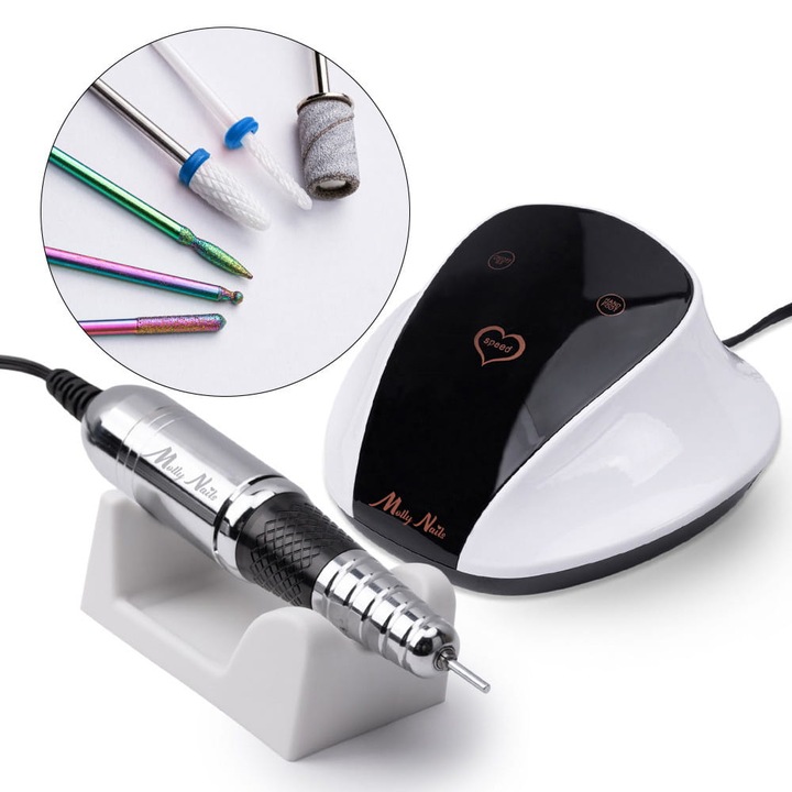 Freza pentru unghii set, Molly Nails, M18, 68W, 0-45.000 rotatii/min, alb, 14x16x12cm