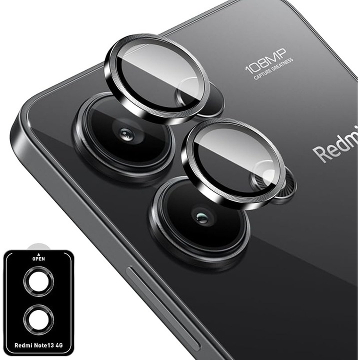 Защитно фолио за камера, 9H, против надраскване, черно, съвместимо с Redmi Note 13 4G