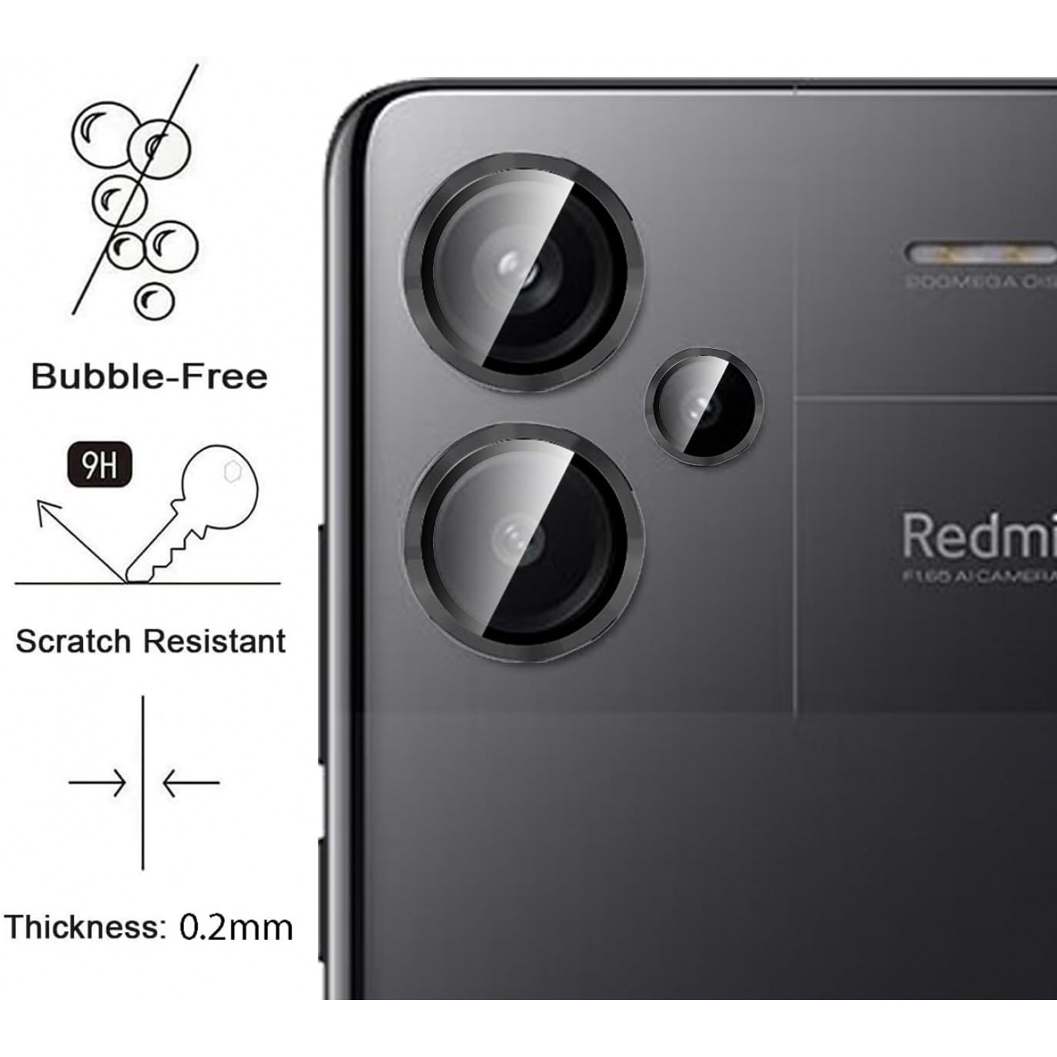 Folie de protectie camera foto, metal + sticla securizata, anti-zgarieturi, negru, compatibila cu Redmi Note 13 Pro Plus