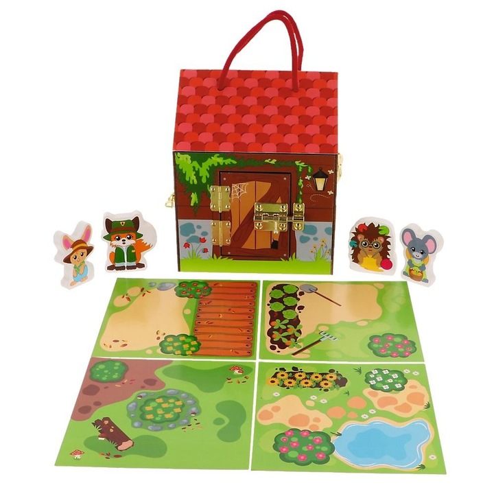 Jucarie din lemn, Trefl, 6 mecanisme de inchidere, figurine animale, 30x30x30cm