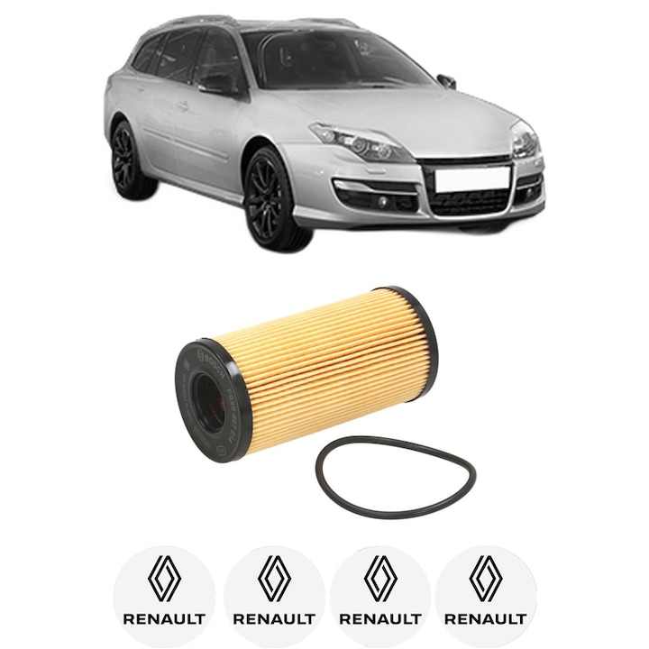 Filtru ulei RENAULT LAGUNA III Grandtour (KT0/1) 2.0 dCi (KT01, KT08, KT09, KT0K, KT12, KT1D, KT1W) din 2007-2015 KW 110 CP 150 CMC 1995, auto, Bosch, 4x Stickere auto cu RENAULT