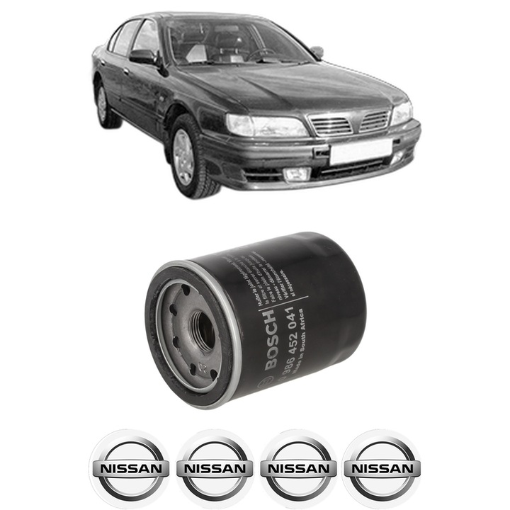 Filtru ulei NISSAN MAXIMA / MAXIMA QX IV (A32) 3.0 din 1995-2000 KW 142 CP 193 CMC 2988, auto, Bosch, 4x Stickere auto cu NISSAN