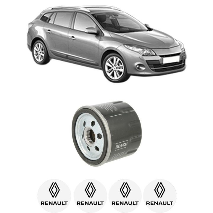 Filtru ulei RENAULT MEGANE III Grandtour (KZ0/1) 2.0 TCe (KZ0K, KZ1T) din 2008-2015 KW 132 CP 180 CMC 1998, auto, Bosch, 4x Stickere auto cu RENAULT