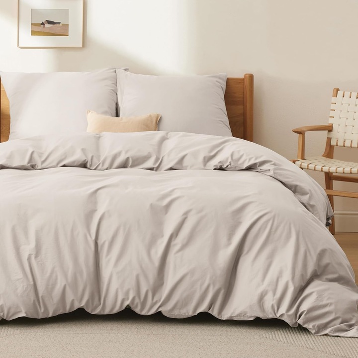 Set lenjerie de pat Bedsure, bumbac, husa pilota 200x200cm + 2 fete de perna 80x80cm, hipoalergenic, bej