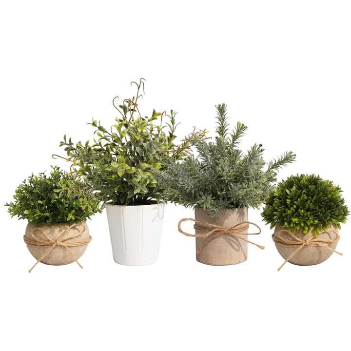 Set 4 plante artificiale decorative in donicile elegante, verde, dimensiuni compacte