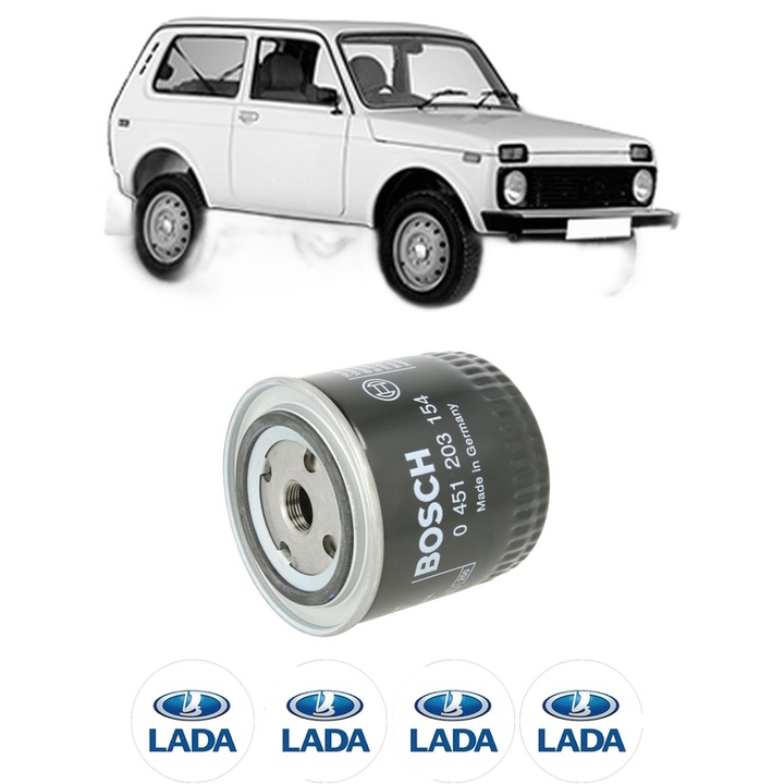 Filtru ulei LADA NIVA Closed Off-Road Vehicle (2121, 2131) 1700 i 4x4 din 2000-2015 KW 60 CP 82 CMC 1690, auto, Bosch, 4x Stickere auto cu LADA
