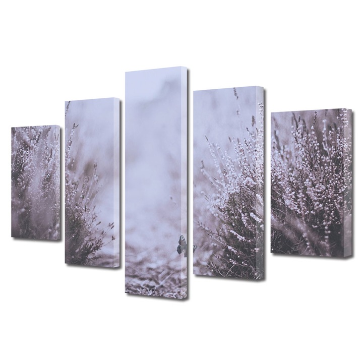 Set Tablouri Muilticanvas 5 Piese Vintage Aspect Retro Fluture mic printre flori 120 x 225 cm