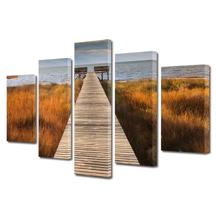 Set Tablouri Muilticanvas 5 Piese Vintage Aspect Retro Ponton spre mare 80 x 150 cm