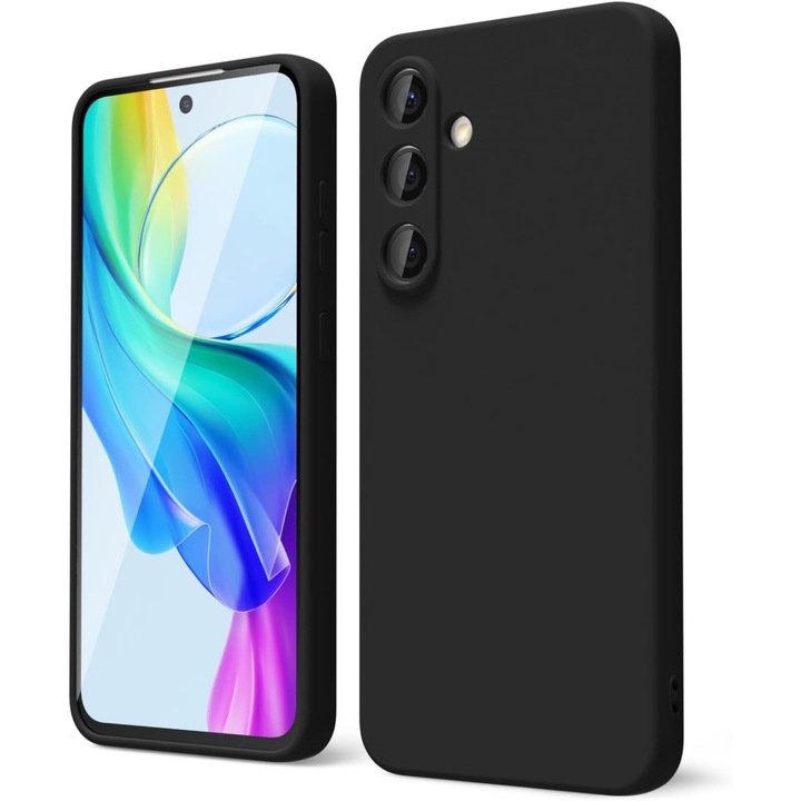 BestCase® Husa Premium Silicon + Folie de sticla inculsa Compatibila cu Samsung Galaxy S25, Interior cu microfibra, Negru
