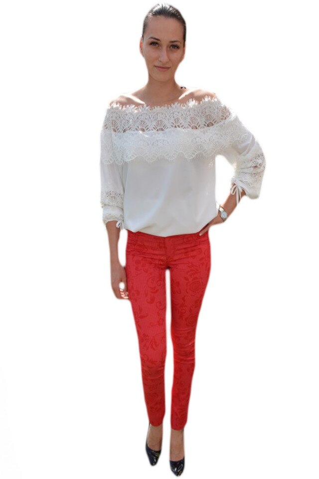 Pantaloni casual de vara cu imprimeu floral , D&J Exclusive, Rosu