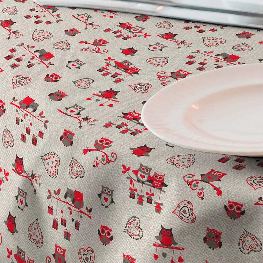 Fata de masa impermeabila Casa de bumbac, Gufo, Rotunda, diametru 140 cm, Model bufnite rosii