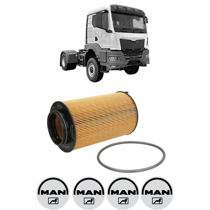 Filtru ulei MAN TGS II 41.4 din 2020 KW 294 CP 400 CMC 9037, auto, Bosch, 4x Stickere auto cu MAN