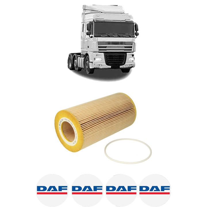Filtru ulei DAF XF 105 FT 105.460 din 2005 KW 340 CP 462 CMC 12903, auto, Bosch, 4x Stickere auto cu DAF