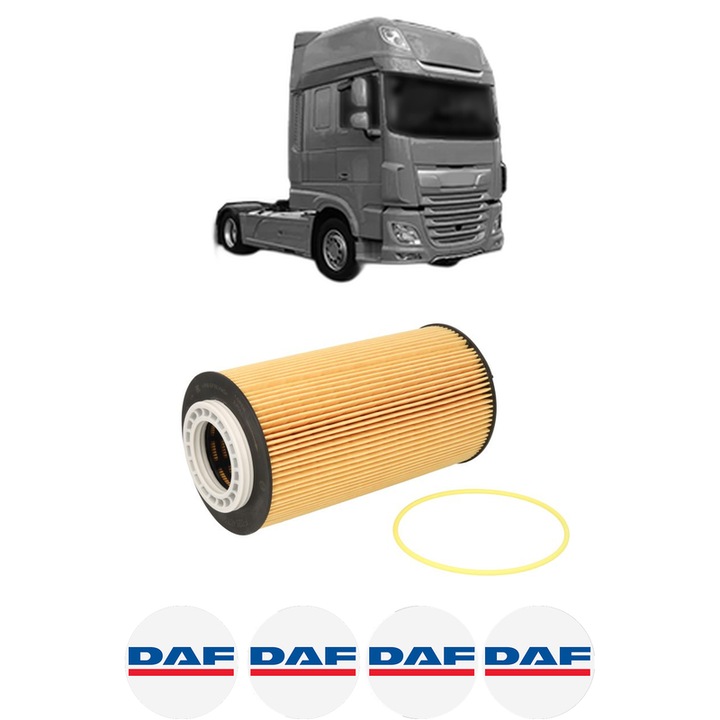 Filtru ulei DAF XF 106 FAR 480 din 2017 KW 355 CP 483 CMC 12903, auto, Bosch, 4x Stickere auto cu DAF