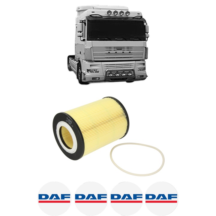 Filtru ulei DAF XF 95 FAN 95.530 din 2002-2006 KW 390 CP 530 CMC 12580, auto, Bosch, 4x Stickere auto cu DAF