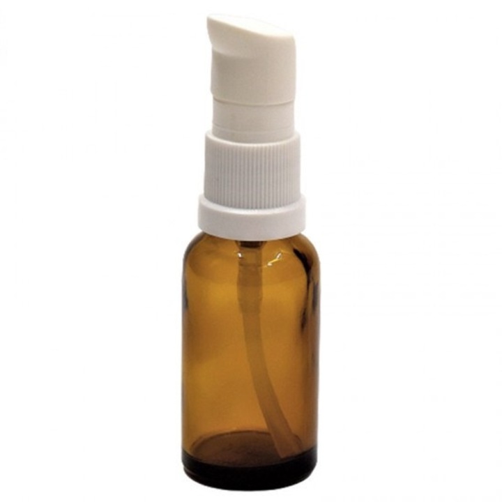 Sticla ambra cu pompa pentru uleiuri, pompa uleiuri alba, 20ml